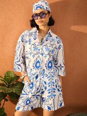 Women Blue & White Floral Oversized Shirt With Shorts-SFSETS96429