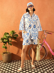 Women Blue & White Floral Oversized Shirt With Shorts-SFSETS96429