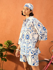 Women Blue & White Floral Oversized Shirt With Shorts-SFSETS96429