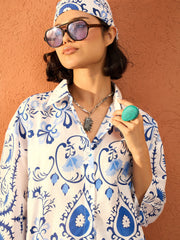 Women Blue & White Floral Oversized Shirt With Shorts-SFSETS96429