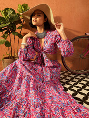 Women Pink Paisley Wrap Neck Top With Skirt-SFSETS96430