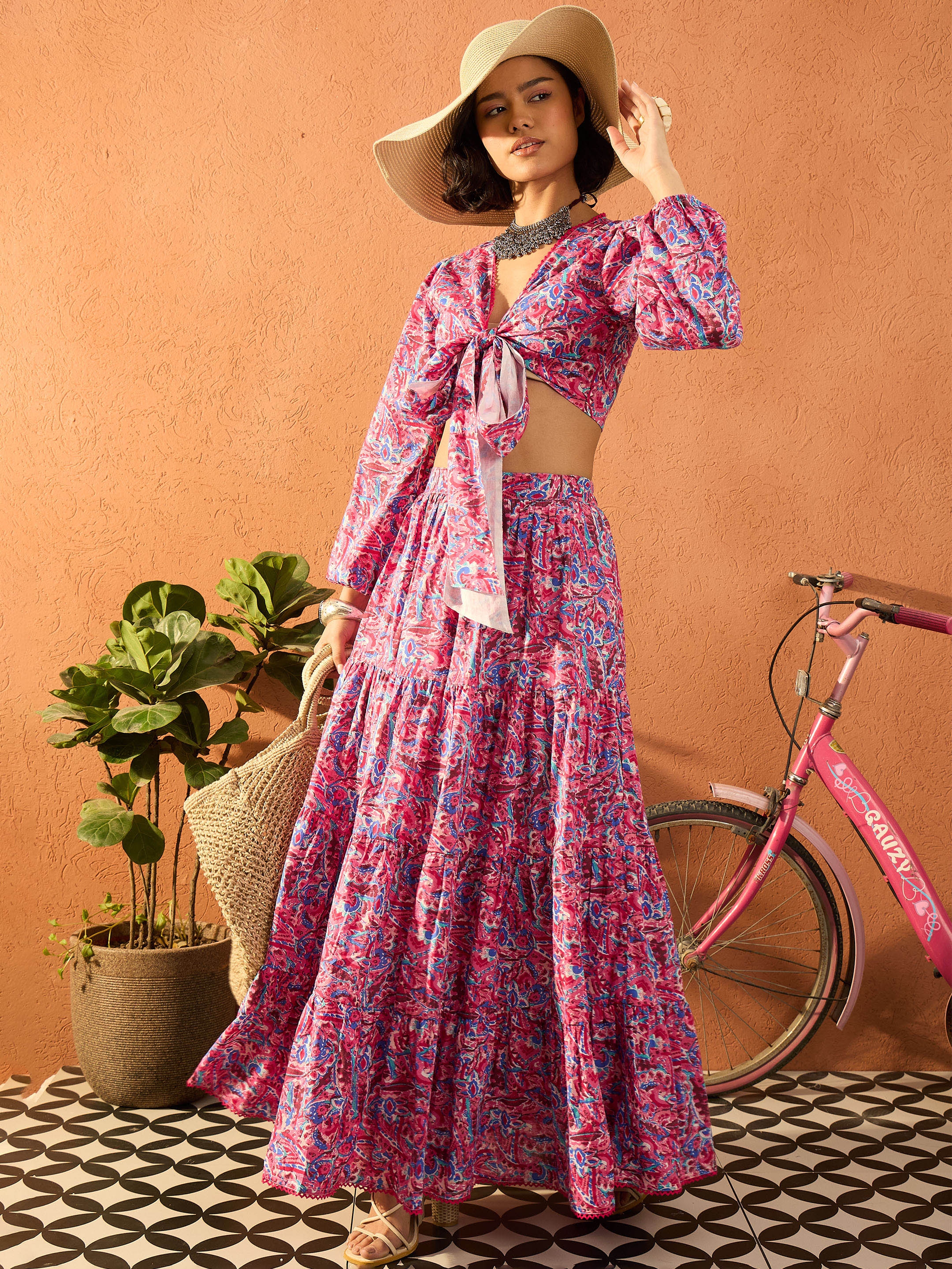 Women Pink Paisley Wrap Neck Top With Skirt-SFSETS96430