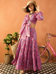 Women Pink Paisley Wrap Neck Top With Skirt-SFSETS96430