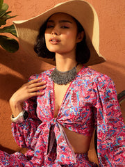 Women Pink Paisley Wrap Neck Top With Skirt-SFSETS96430