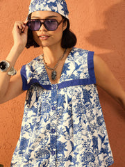 Women Blue & White V Neck Peplum Top With Pants-SFSETS96431