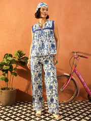 Women Blue & White V Neck Peplum Top With Pants-SFSETS96431