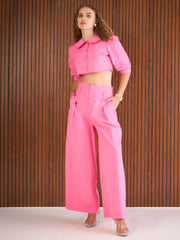 Women Pink Poplin Peterpan Collar Top With Flared Pants-SFSETS96434