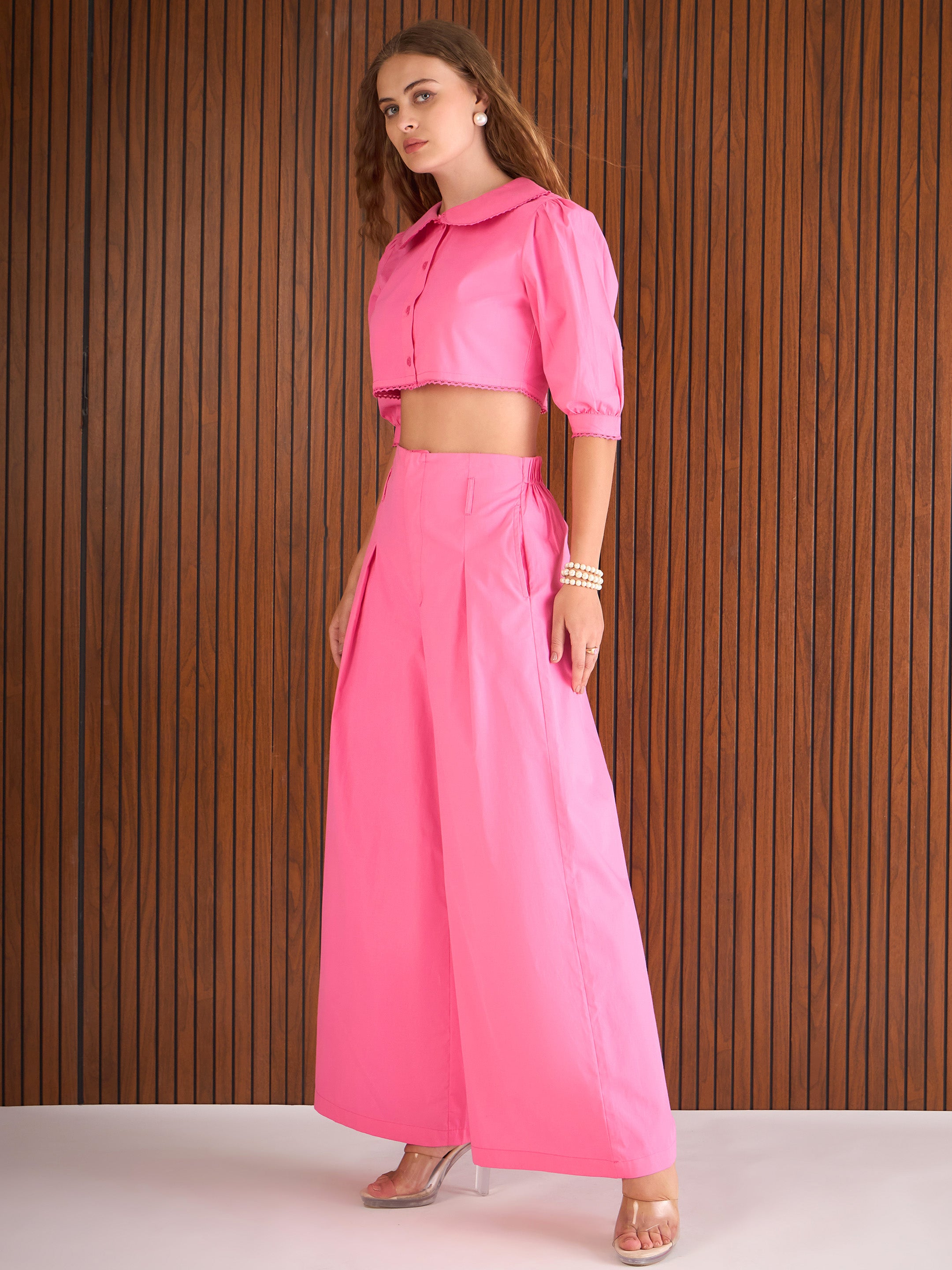 Women Pink Poplin Peterpan Collar Top With Flared Pants-SFSETS96434