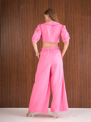 Women Pink Poplin Peterpan Collar Top With Flared Pants-SFSETS96434
