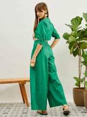Women Green Poplin Peterpan Collar Top With Flared Pants-SFSETS96435