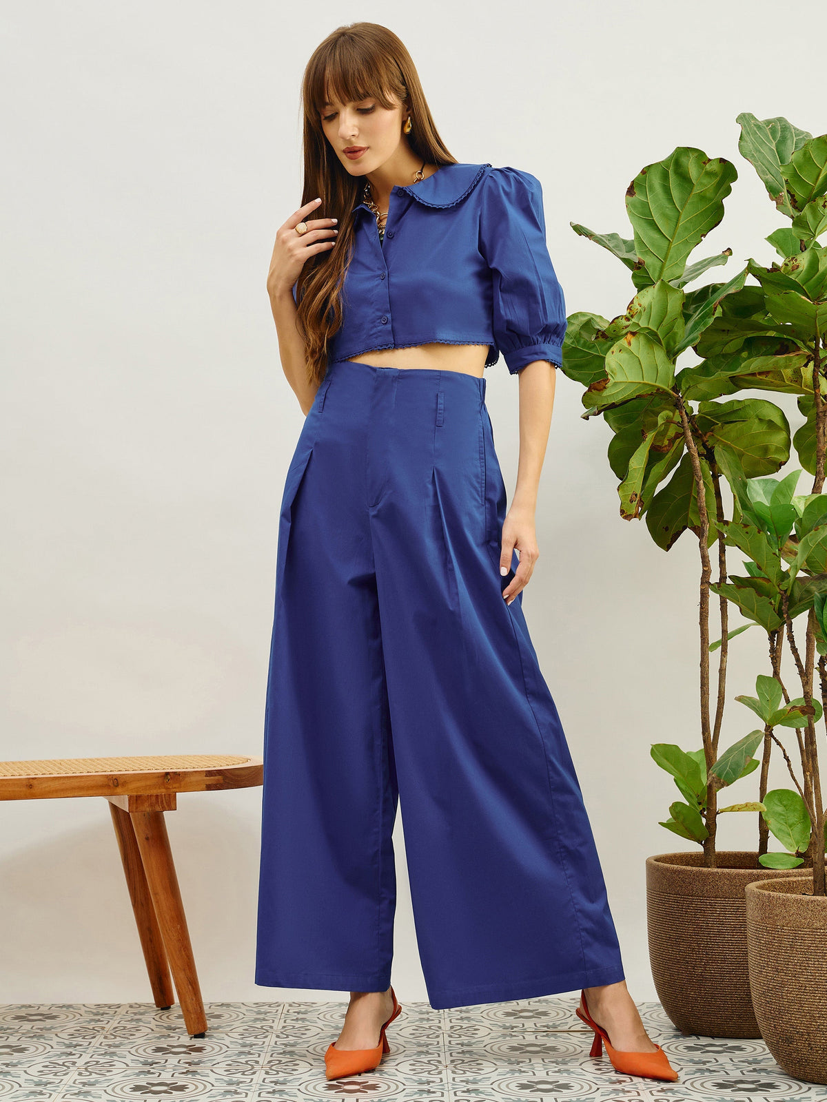 Women Blue Poplin Peterpan Collar Top With Flared Pants-SFSETS96436