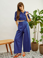 Women Blue Poplin Peterpan Collar Top With Flared Pants-SFSETS96436
