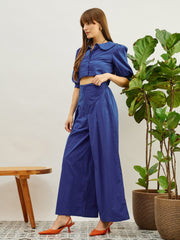 Women Blue Poplin Peterpan Collar Top With Flared Pants-SFSETS96436