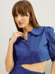 Women Blue Poplin Peterpan Collar Top With Flared Pants-SFSETS96436