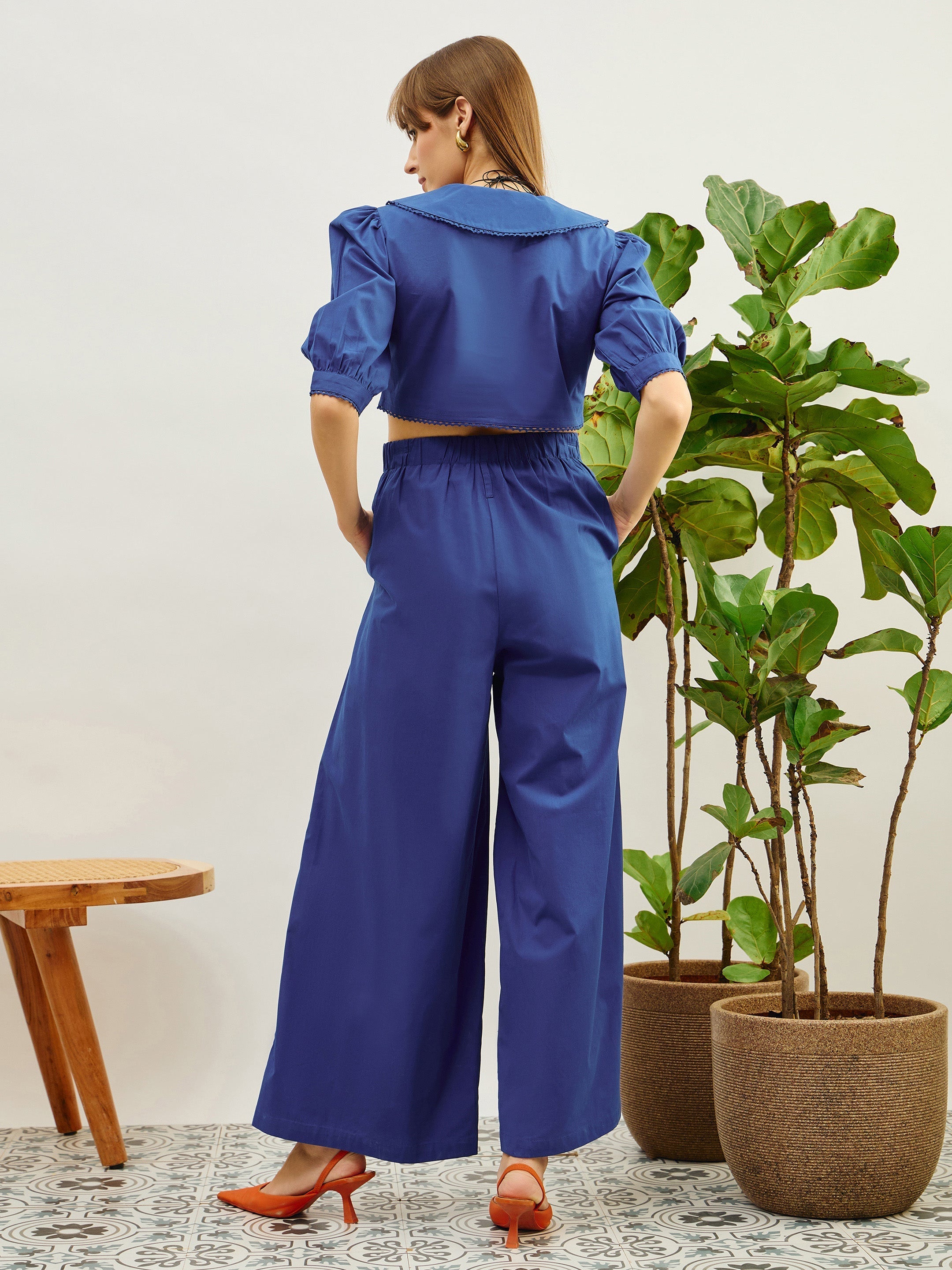 Women Blue Poplin Peterpan Collar Top With Flared Pants-SFSETS96436