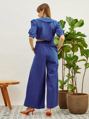 Women Blue Poplin Peterpan Collar Top With Flared Pants-SFSETS96436
