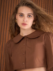 Women Brown Poplin Peterpan Collar Top With Flared Pants-SFSETS96437