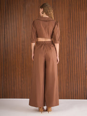 Women Brown Poplin Peterpan Collar Top With Flared Pants-SFSETS96437