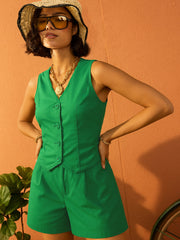 Women Green Poplin Vest Top With Shorts-SFSETS96438