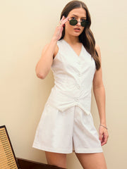 Women White Poplin Vest Top With Shorts-SFSETS96439