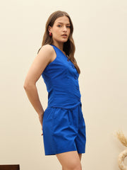 Women Blue Poplin Vest Top With Shorts-SFSETS96440