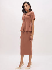 Women Rust Peplum Top With Midi Slit Skirt-SFSETS96480