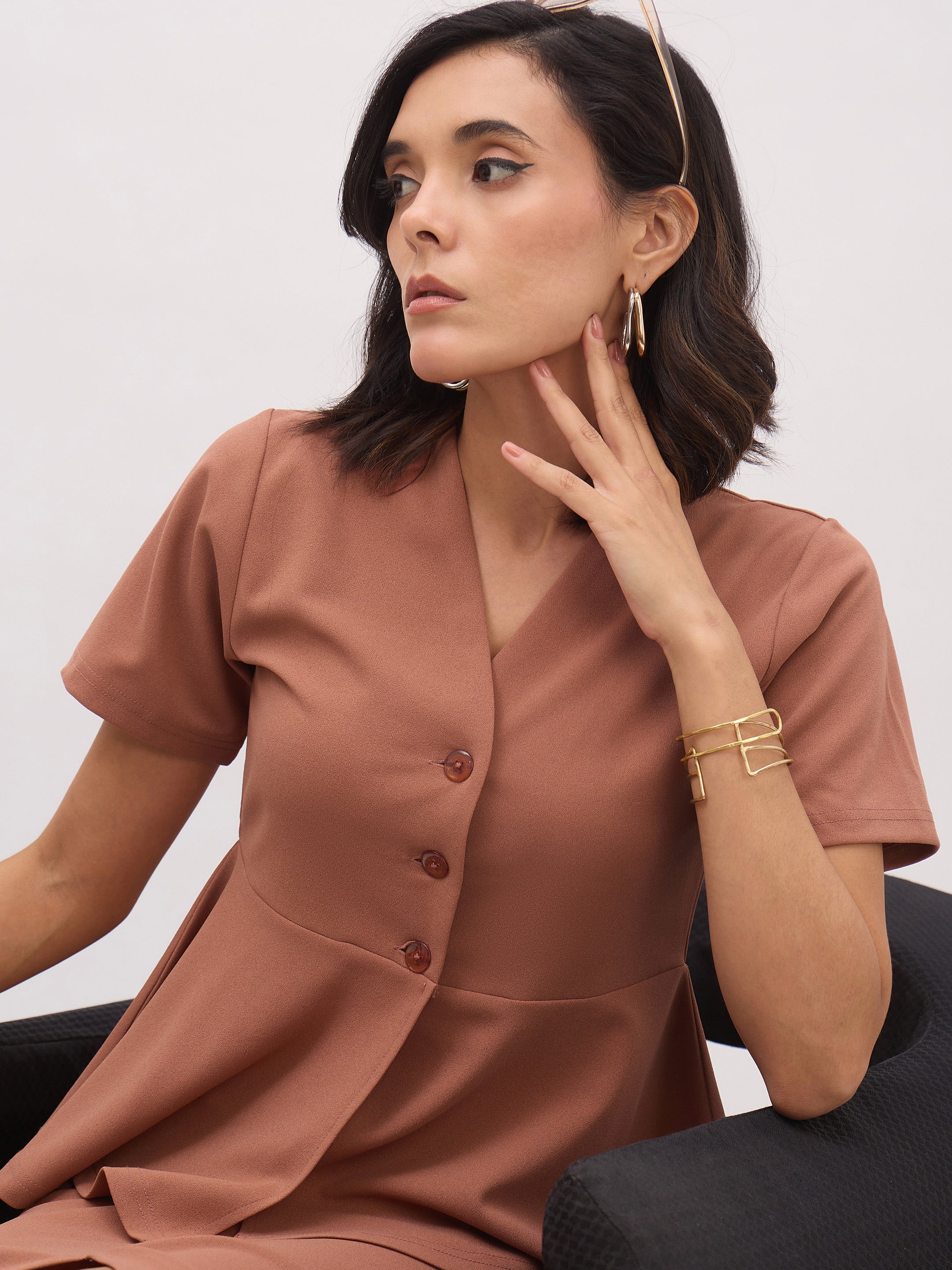 Women Rust Peplum Top With Midi Slit Skirt-SFSETS96480