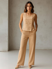 Women Beige Sleeveless Button Top With Straight Pants-SFSETS96482