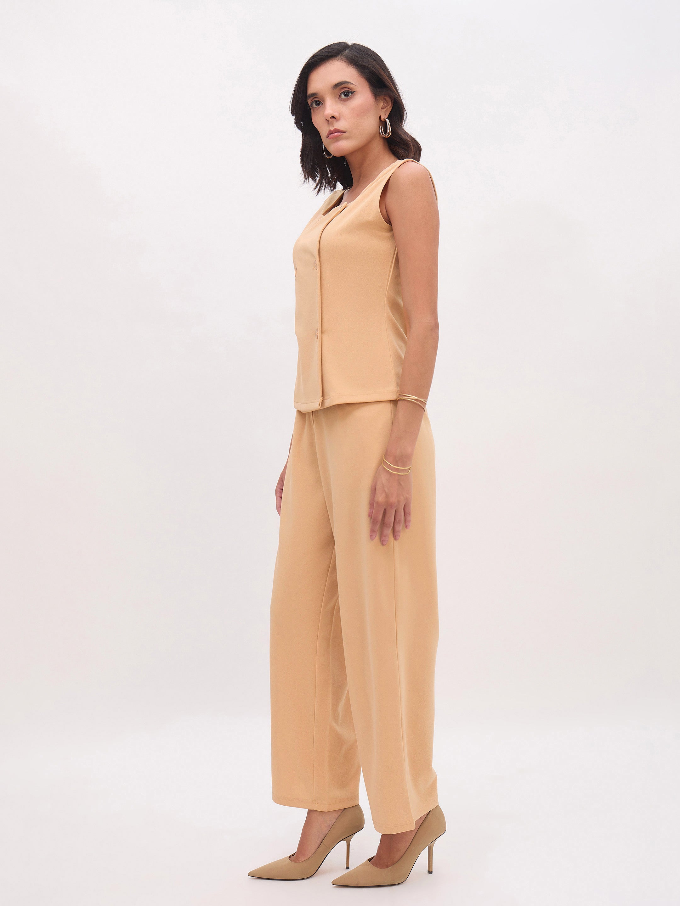 Women Beige Sleeveless Button Top With Straight Pants-SFSETS96482