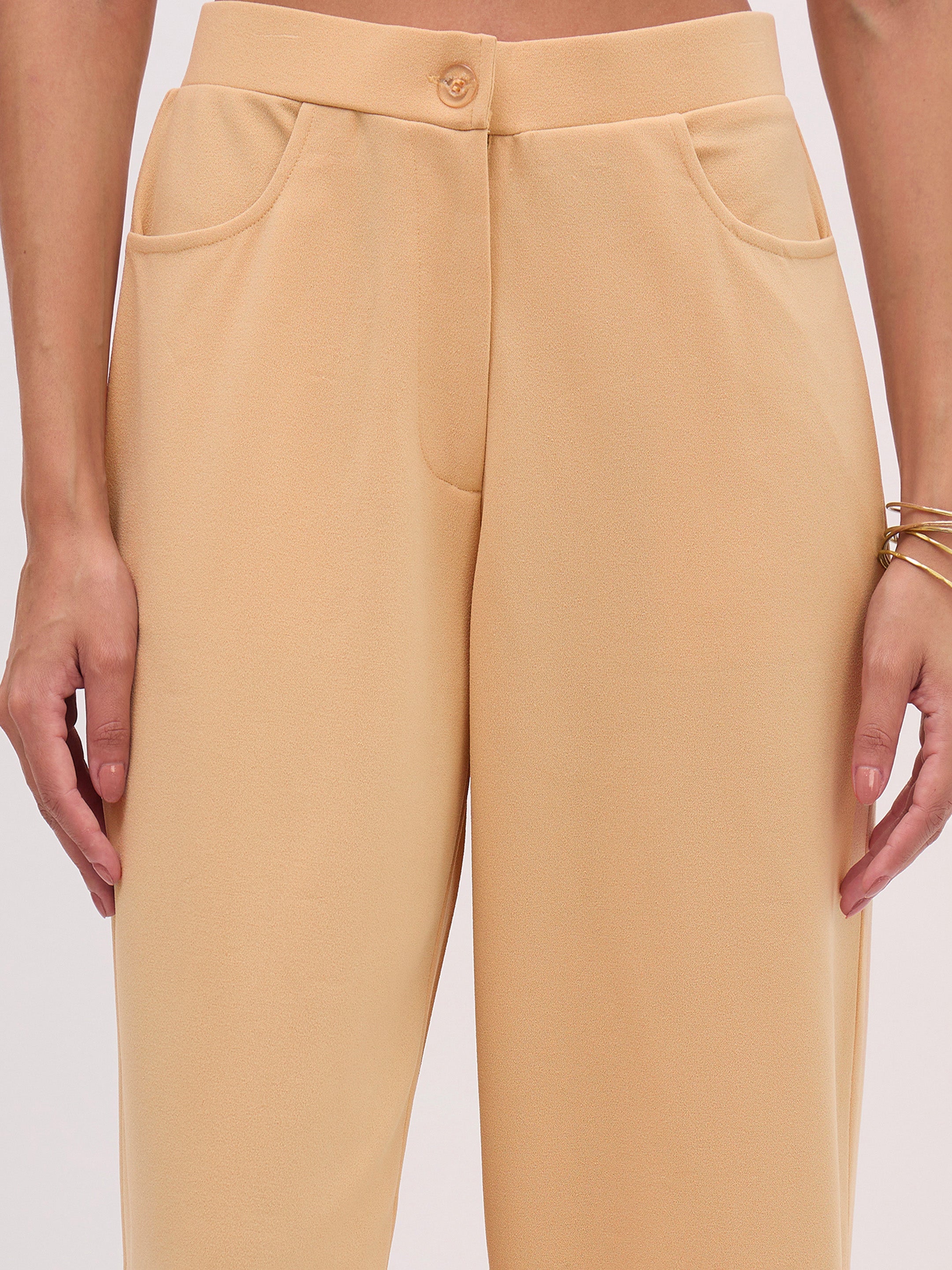 Women Beige Sleeveless Button Top With Straight Pants-SFSETS96482