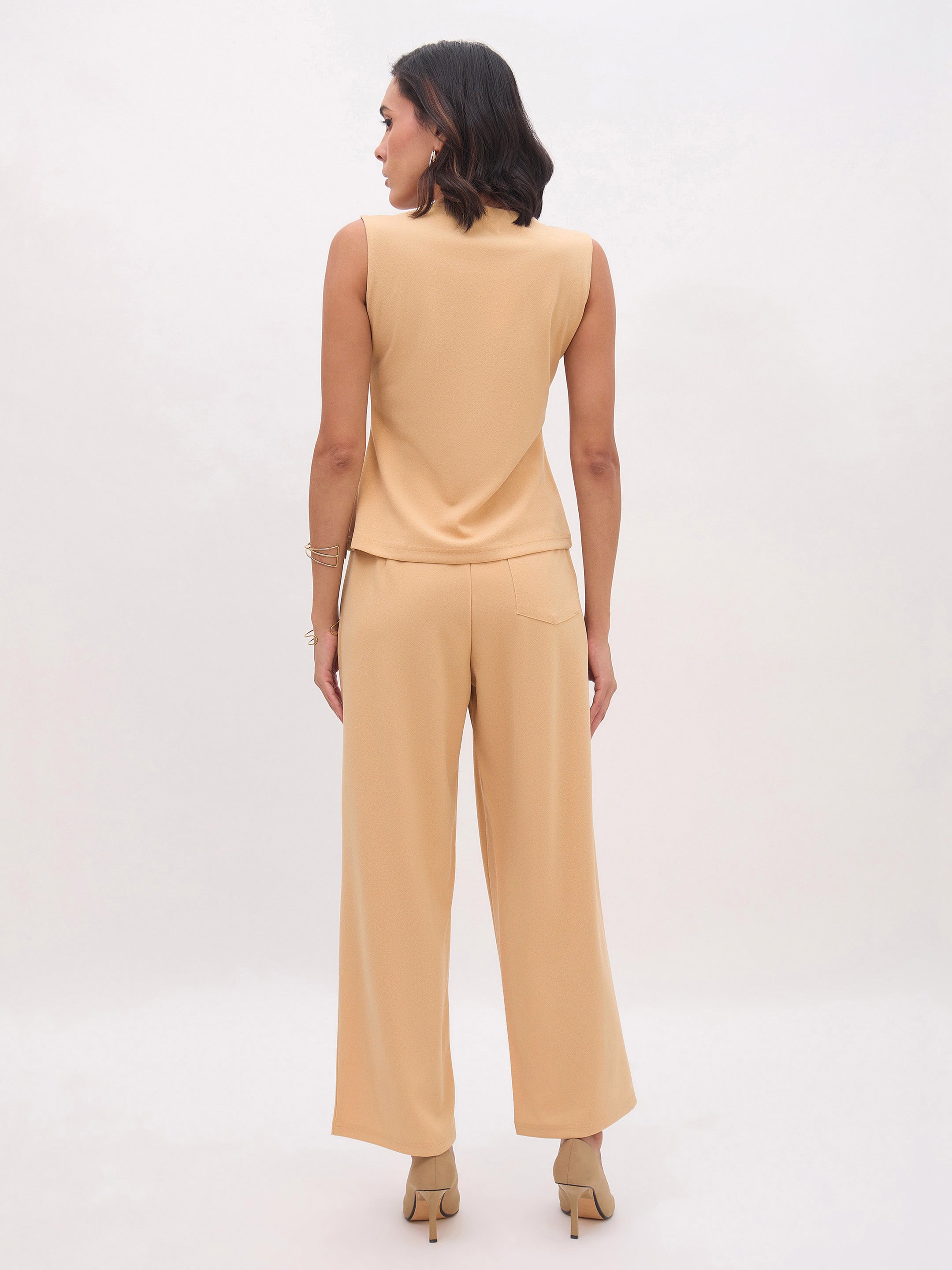 Women Beige Sleeveless Button Top With Straight Pants-SFSETS96482