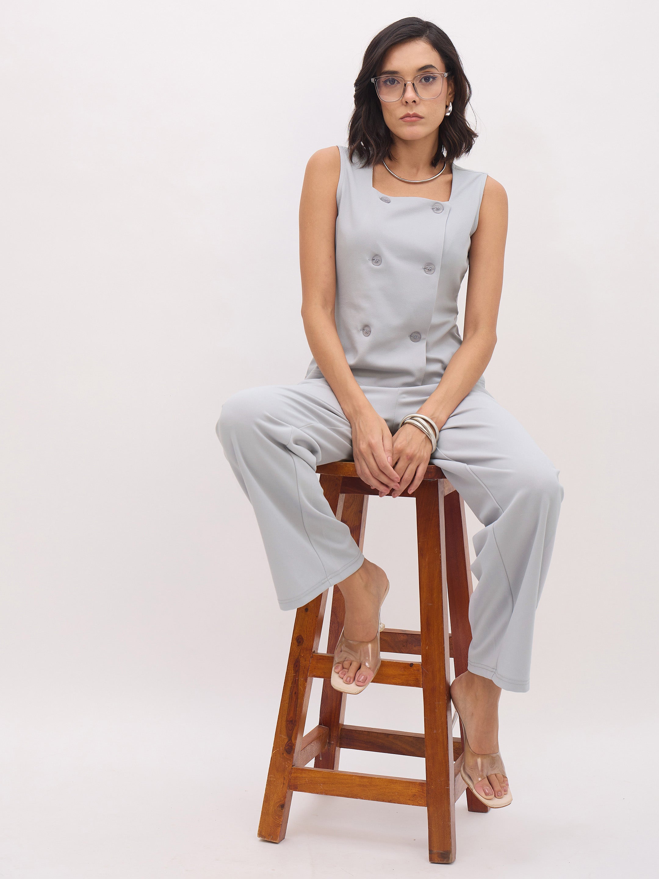 Women Grey Sleeveless Button Top With Straight Pants-SFSETS96483