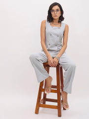 Women Grey Sleeveless Button Top With Straight Pants-SFSETS96483