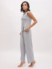 Women Grey Sleeveless Button Top With Straight Pants-SFSETS96483