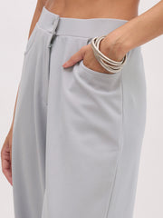 Women Grey Sleeveless Button Top With Straight Pants-SFSETS96483