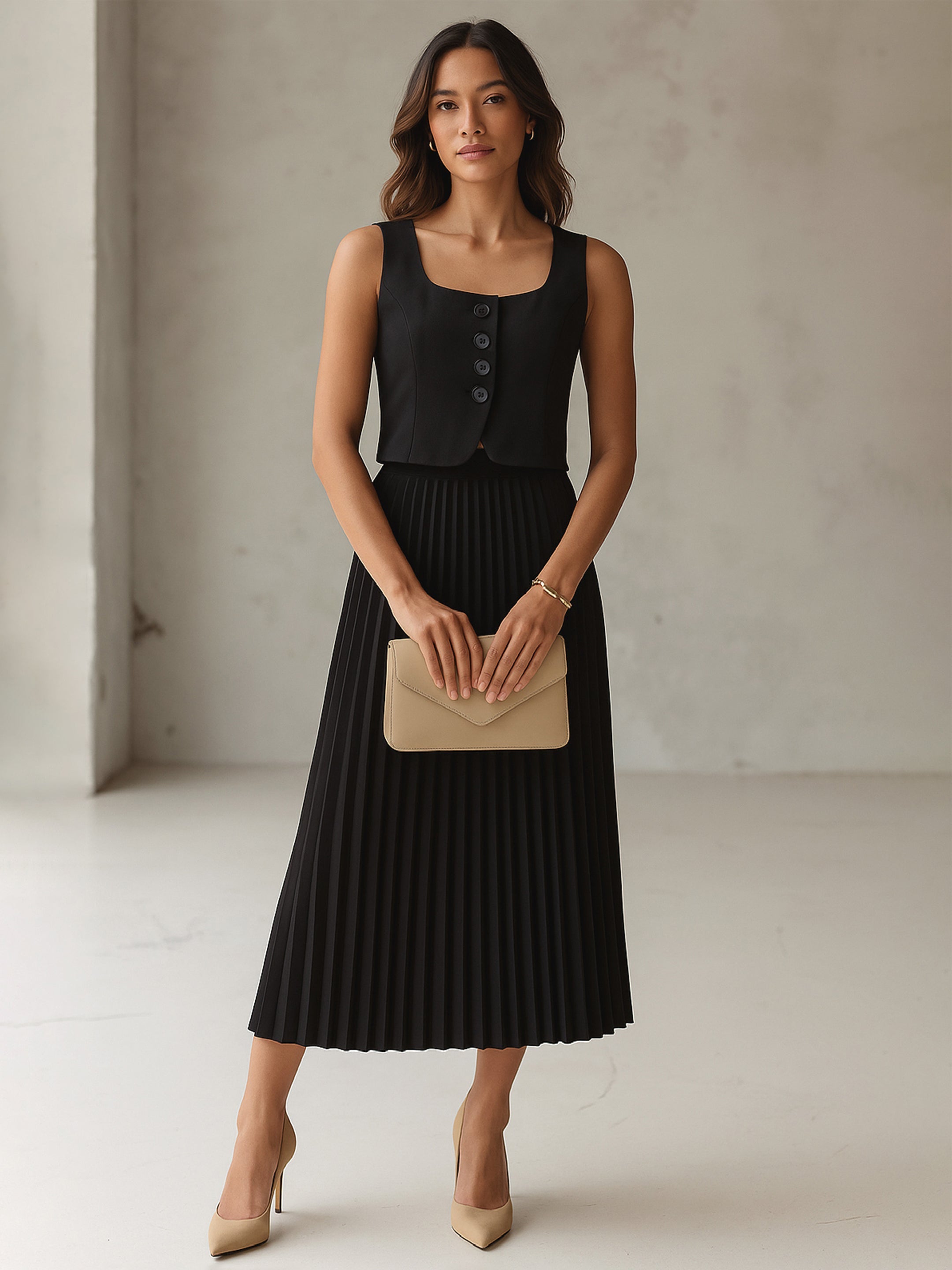 Women Black Sleeveless Waistcoat With Midi Skirt-SFSETS96484