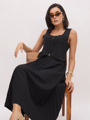 Women Black Sleeveless Waistcoat With Midi Skirt-SFSETS96484