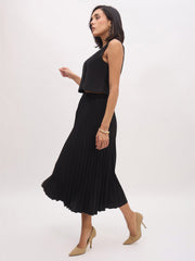 Women Black Sleeveless Waistcoat With Midi Skirt-SFSETS96484
