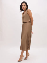 Women Dark Beige Sleeveless Waistcoat With Midi Skirt-SFSETS96485