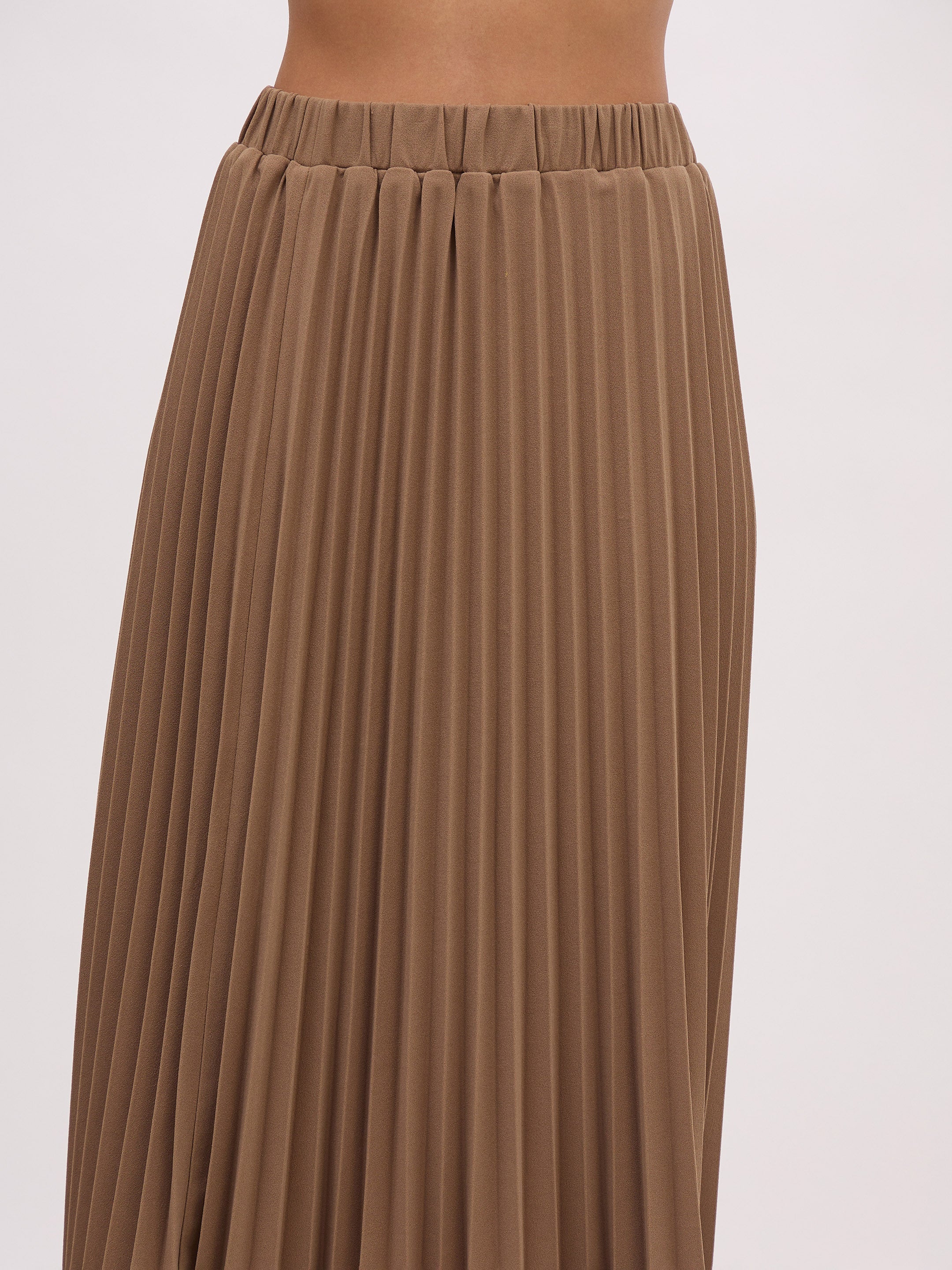 Women Dark Beige Sleeveless Waistcoat With Midi Skirt-SFSETS96485