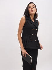 Women Black Sleeveless Notched Button Top With Skirt-SFSETS96486