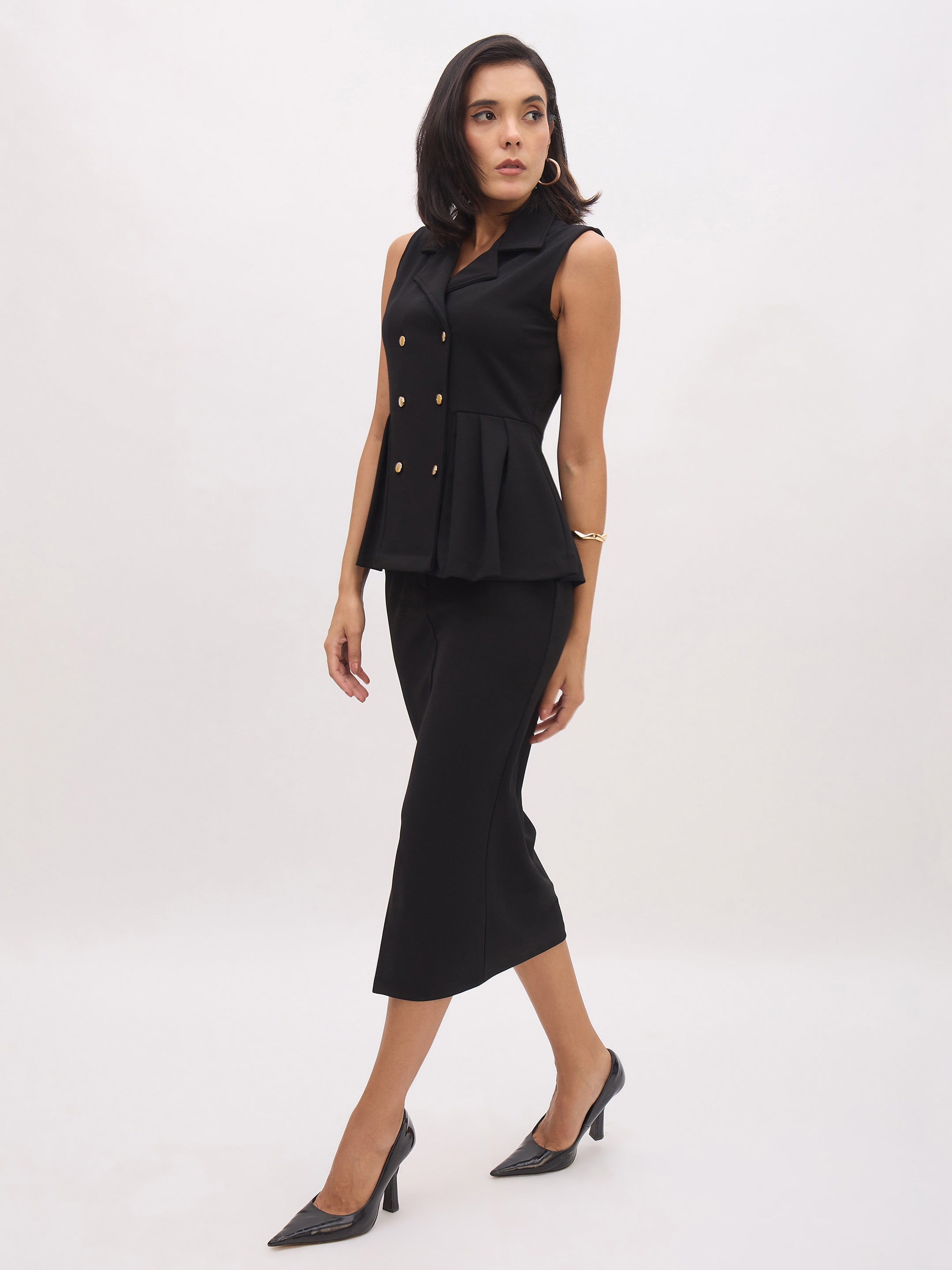 Women Black Sleeveless Notched Button Top With Skirt-SFSETS96486