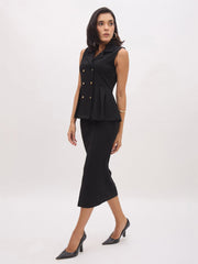 Women Black Sleeveless Notched Button Top With Skirt-SFSETS96486
