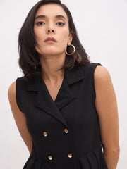 Women Black Sleeveless Notched Button Top With Skirt-SFSETS96486