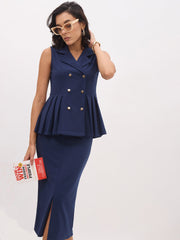 Women Blue Sleeveless Notched Button Top With Skirt-SFSETS96487
