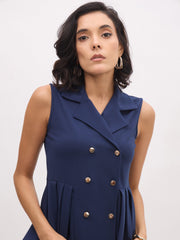 Women Blue Sleeveless Notched Button Top With Skirt-SFSETS96487