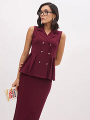 Women Burgundy Sleeveless Notched Button Top With Skirt-SFSETS96488
