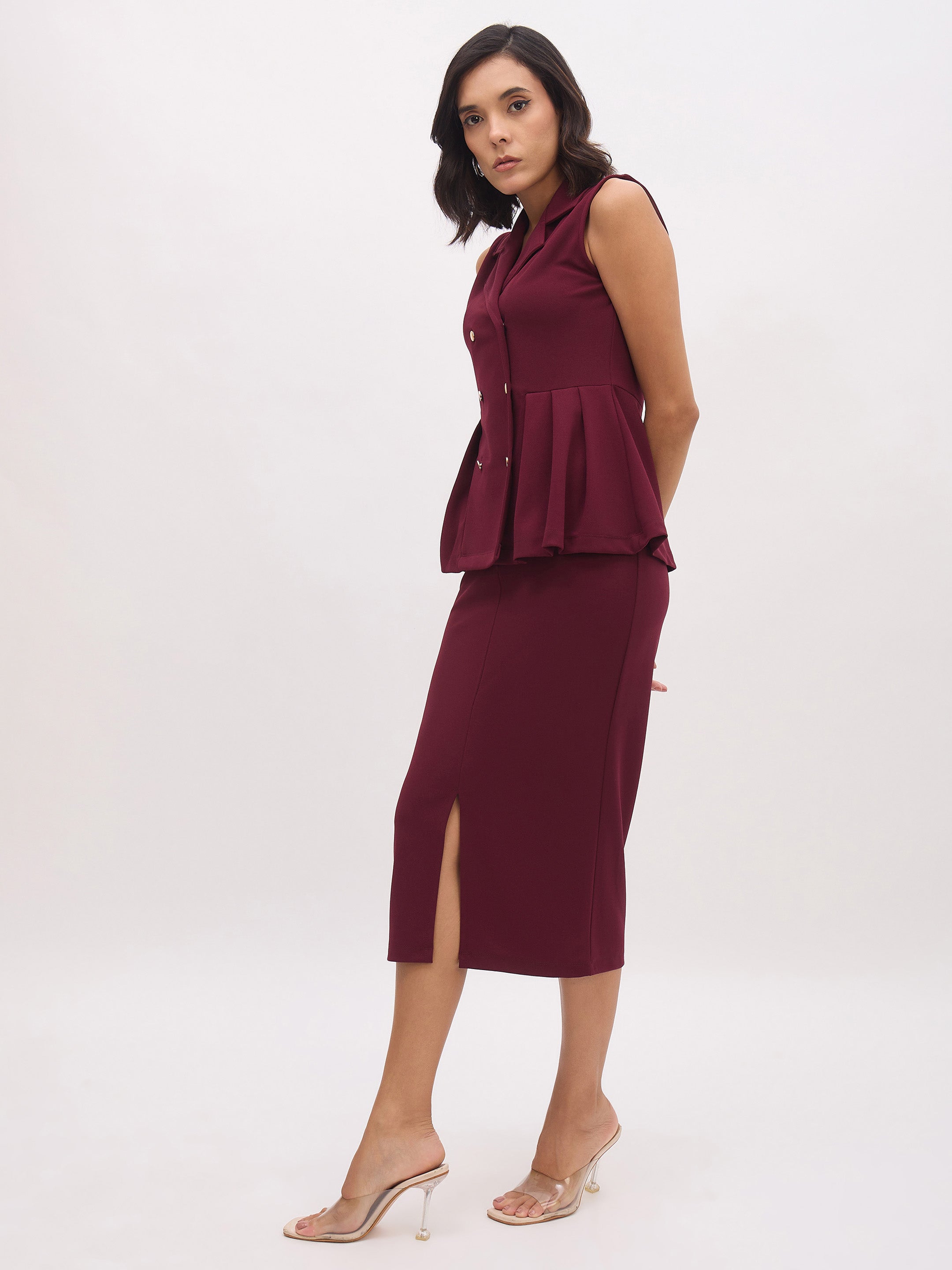Women Burgundy Sleeveless Notched Button Top With Skirt-SFSETS96488