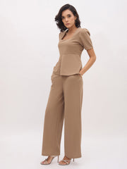 Women Beige Front Slit Top With Straight Pants-SFSETS96489
