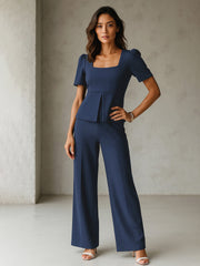 Women Blue Front Slit Top With Straight Pants-SFSETS96490